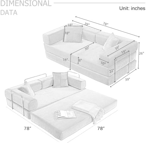 4-in-1 Folding Convertible Sofa Bed, 78 Inch Couch with Fixed-Shape Frame, Corduroy Loveseat Sleeper with Pull Out Bed, Floor Sofa Modular Futon Couch for Living Room Bedroom Lounge (Beige)