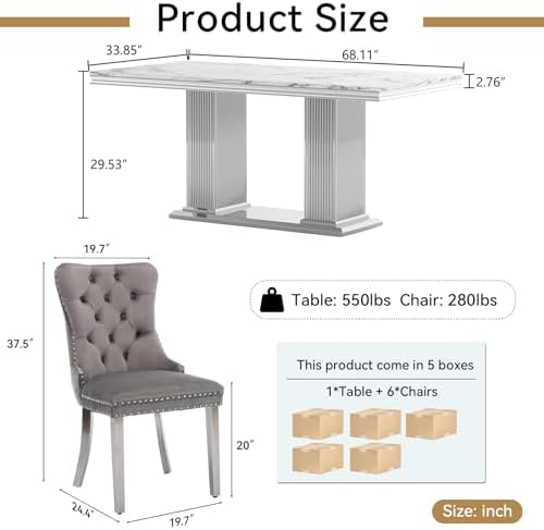 HomVent 68'' Silver Faux Marble Dining Table Set with 6 Grey Velvet Chair | Modern Rectangle Kitchen Table Set of 6 with Faux Marble Table Top & Stainless Steel Base Dining Set for Kitchen Dining Room