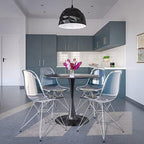 LeisureMod Bristol 35" Round Dining Table, Modern MDF Wood in Black Metal Pedestal Base Accent Table Mid-Century Café Table, Kitchen Dining Room Furniture (Black)