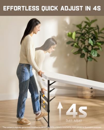 FanttikOutdoor Folding Table 6ft Quick Adjust 3 Heights Picnic Party Dining | One-Handed Adjustable Height, Fixing Lock, Carry Handle Heavy Duty Portable Fold-in-Half, Indoor Outdoor White Zeta X6 Pro