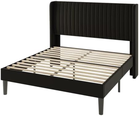 Allewie Full Size Velvet Bed Frame/Vertical Channel Tufted Wingback Headboard/Upholstered Platform Bed/Strong Wooden Slats/No Box Spring Needed/Easy Assembly/Black