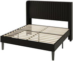 Allewie Full Size Velvet Bed Frame/Vertical Channel Tufted Wingback Headboard/Upholstered Platform Bed/Strong Wooden Slats/No Box Spring Needed/Easy Assembly/Black
