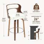 ClinQ 26" Counter Height Barstool Set of 2，Bentwood Leg and Back，White | 360° Swivel Barstool | Faux Leather Upholstered Seating | Ergonomic Backrest | Mid Century Style | Kitchen & Restaurant Use