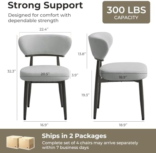 Dining Chairs Set of 4, Modern Upholstered Fabric Dining Chairs | Thick Padded Seat, Textured Fabric, Curved Back, Metal Frame, Dining Room, Kitchen, Breakfast Nook, Restaurant, Soft Gray