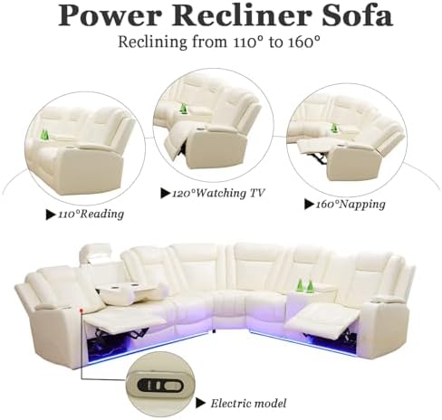 A Ainehome Leather Power Furniture Reclining Sectional Couch, Living Room Power Recliner Adjustable Sofa, Loveseat and Chair with Storage Console for Living Room/Office(Off-White)