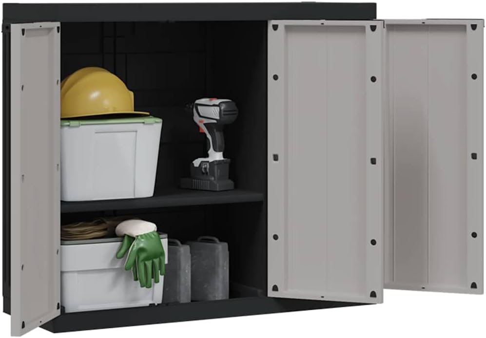 Locking Outdoor Storage Cabinet with Shelves Adjustable Shelf Modern Outdoor Storage Cabinet for Balcony Gray Black Polypropylene Medium