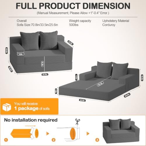 Erament Convertible Sofa Bed, Loveseat Folding Floor Futon Sleeper Sofa Couch Bed Foldable Couch, Corduroy Pull Out Sofa Bed with 2 Pillows for Living Room & Bedroom