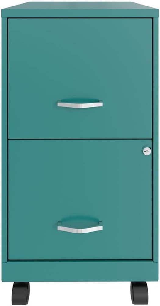 Pemberly Row 2-Drawer Metal Mobile Filing Cabinet, 18 in Depth, Turquoise Finish, Locking Drawers, Letter-Size Hanging File Storage, Smooth Glide Casters, Compact Home or Office Use