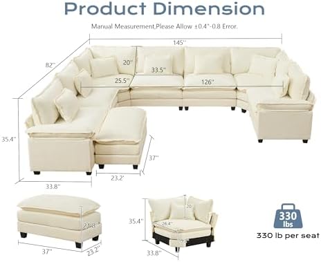 145" Oversized Modular Sectional Sofa U-Shaped Corner Cloud Couch with Ottoman, Convertible Deep Seat Chenille Couch for Living Room, Spacious Space (Cream White, 7 Seater)