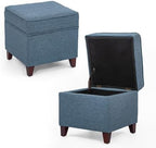 Adeco 17" Square Ottoman with Storage, Small Blue Storage Ottoman Foot Rest with Hinged Lid & Solid Wood Legs, Linen Fabric Foot Stool for Living Room & Bedroom, Seasonal Home Refresh & Gifting