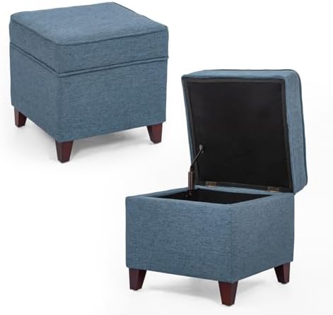 Adeco 17" Square Ottoman with Storage, Small Blue Storage Ottoman Foot Rest with Hinged Lid & Solid Wood Legs, Linen Fabric Foot Stool for Living Room & Bedroom, Seasonal Home Refresh & Gifting