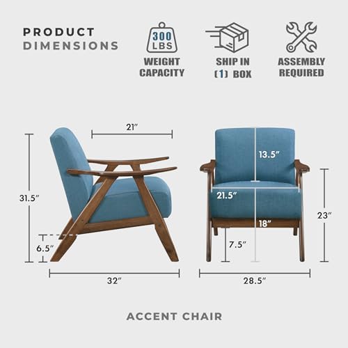 Lexicon Mid Century Modern Accent Chair with Solid Wood Frame in Walnut Finish, Upholstered Living Room Lounge Arm Chair, Thick and Comfy Innerspring Seat Cushion, Linen-Look Fabric, Blue | Upholstered Living Room Lounge Arm Chair, Thick and Comfy