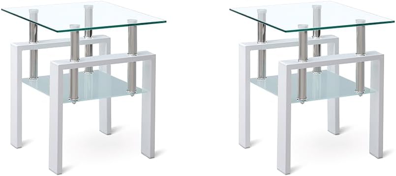 2pcs Modern Glass End Table - Two Tiered Clear Nightstand, Square Tempered Glass Tables with White Metal Frame for Living Room or Bedroom, Set of 2 17.72"x17.72"x20.47"H