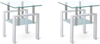 2pcs Modern Glass End Table - Two Tiered Clear Nightstand, Square Tempered Glass Tables with White Metal Frame for Living Room or Bedroom, Set of 2 17.72"x17.72"x20.47"H