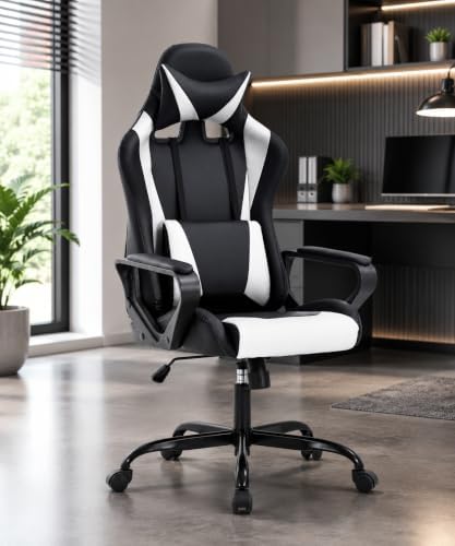 BestOffice High-Back Gaming Chair PC Office Chair Computer Racing Chair PU Desk Task Chair Ergonomic Executive Swivel Rolling Chair with Lumbar Support for Back Pain Women, Men,White