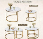 aboxoo Coffee Table Nesting White Set of 2 Side Set Golden Frame Circular Round and Marble Pattern Wooden Tables, Living Room Bedroom Apartment Modern Industrial Simple Nightstand