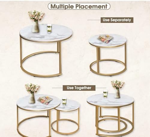 aboxoo Coffee Table Nesting White Set of 2 Side Set Golden Frame Circular Round and Marble Pattern Wooden Tables, Living Room Bedroom Apartment Modern Industrial Simple Nightstand