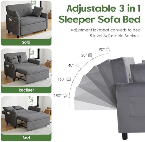 3 in 1 Convertible Pull Out Sleeper Couch Sofa Bed, Grey | Small Sleeper Sofa with Pillow, Adjustable Backrest Futon loveseat, Velvet Love Seat and Phone Holder for Living Room