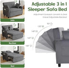 3 in 1 Convertible Pull Out Sleeper Couch Sofa Bed, Grey | Small Sleeper Sofa with Pillow, Adjustable Backrest Futon loveseat, Velvet Love Seat and Phone Holder for Living Room