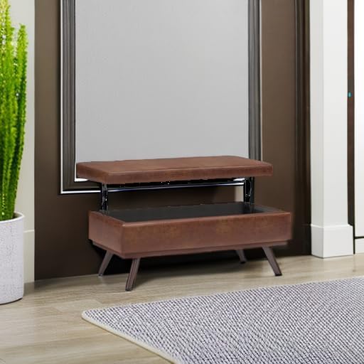 SIMPLIHOME Owen 42" Wide Vegan Leather Lift Top Ottoman in Saddle Brown | Distressed saddle brown, mid-century modern lift-top ottoman with storage for living room; rectangle footstool or pouf.
