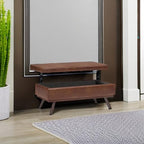 SIMPLIHOME Owen 42" Wide Vegan Leather Lift Top Ottoman in Saddle Brown | Distressed saddle brown, mid-century modern lift-top ottoman with storage for living room; rectangle footstool or pouf.