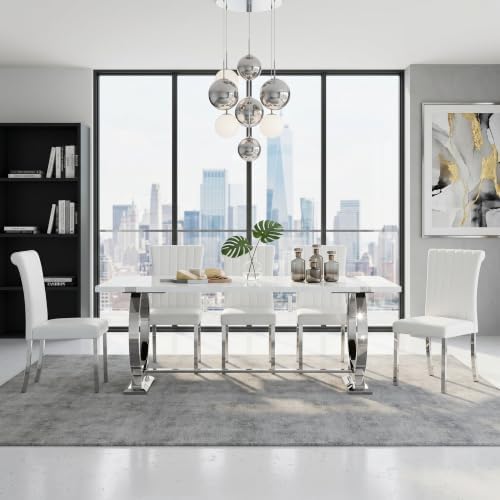 ACEDÉCOR Dining Chairs, White Leather Dining Chairs Set of 6, Upholstered Kitchen Room Chairs with Silver Stainless Steel Legs