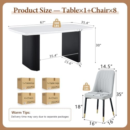 Ebullient White Dining Table Set for 8, 67'' Marble Oval Dining Table Set with 8 Metal Chairs, 3.5'' Thick Marble-Grain Top and Matte Black Wood Base, Space-Saving 9 Piece Kitchen Table Set