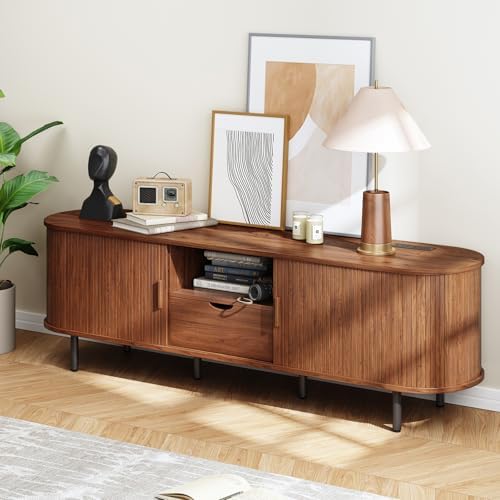 ONBRILL 69" TV Stand with Power Outlet for TVs up to 80", Walnut | Entertainment Center with Storage and Drawer TV Console w/ Adjustable Shelves & Sliding Door TV Stand for Living Room Bedroom