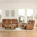 Watson & Whitely Genuine Leather Power Recliner Sofa & Loveseat Set, Saddle | Wall Hugger Reclining Sofas, Power Headrest, Center Storage Console, Charging Ports, Cup Holders, Living Room Furniture Set