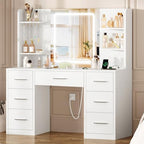 Quimoo Large Vanity Desk with LED Lighted Mirror & Power Outlet, Makeup Vanity Table with 7 Drawers,4 Shelves and 5 Hooks, White Vanity for Bedroom, Bathroom