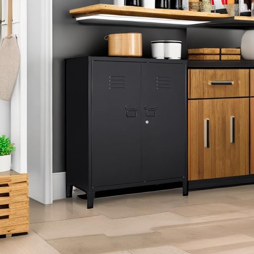 MIIIKO Metal Locker with 2 Doors, Metal Storage Sideboard Accent Cabinets for Kitchen, Pantry, Home Office and Garage