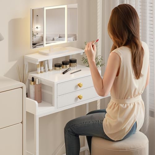 HIGDBFE Vanity Desk with Mirror and Lights 28.4''W Small Makeup Vanity | Vanity Table with Height-Adjustable Stand, 2 Fabric Drawers Compact Makeup Desk, Gift for Girls, Bedroom Small Space, White