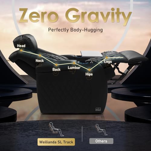 Weilianda Home Theater Seating, Top Grain Leather Movie Theater Chair | Black Row of 1, Zero Gravity, Power Headrest, Tray Table, Electric Reclining Seat for Media Room