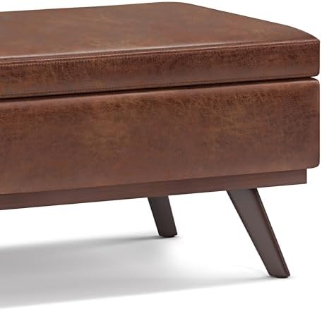 SIMPLIHOME Owen 42" Wide Vegan Leather Lift Top Ottoman in Saddle Brown | Distressed saddle brown, mid-century modern lift-top ottoman with storage for living room; rectangle footstool or pouf.