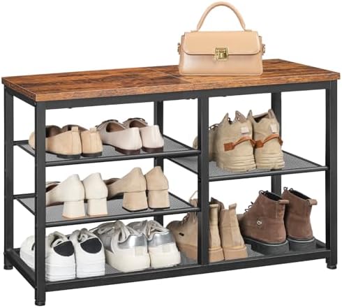 HOOBRO Shoe Bench, 5-Tier Shoe Rack Bench with Mesh Shelves, Shoe Organizer, Industrial Shoe Storage Bench for Entryway, Easy Assembly, 11 x 31.5 x 19.7 Inches, Rustic Brown and Black BF36HX01