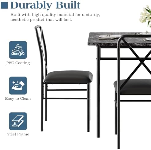 VECELO 5-Piece Dining Table Set for 4 with Upholstered Chairs, Pure Black | Faux Marble Tabletop, Space-Saving, for Kitchen, Breakfast Nook