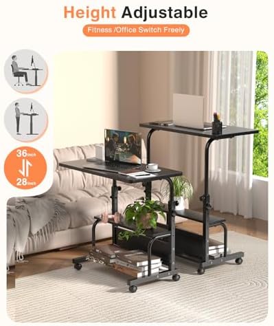 QZMDSM Portable Rolling Desk on Wheels Adjustable Height Desks for Small Spaces, 32" Computer Desk Drafting Tables with Storage Shelves for Home Office Black
