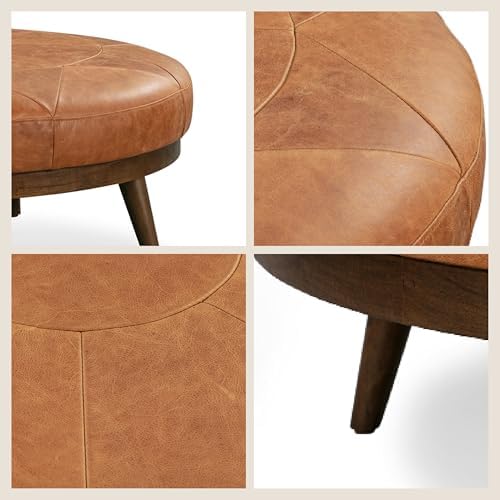 POLY & BARK Gio Ottoman – 30” Round with Feather-Down Topper – Full-Grain Leather Upholstery – Couch Ottoman for Living Room – Vintage Italian Leather in Cognac Tan