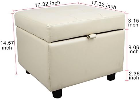 H&B Luxuries Tufted Leather Square Flip Top Storage Ottoman Cube Foot Rest (Cream with Storage)
