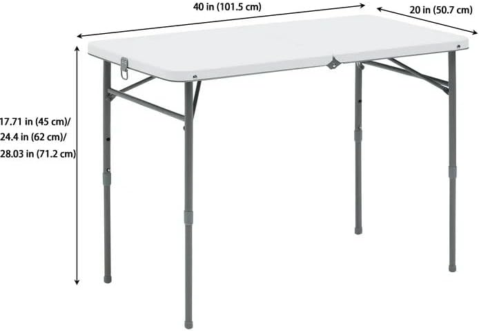 White 40" L x 20" W Plastic Adjustable Height Fold-in-Half Folding Table
