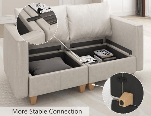 EASE MOOSE Leather Sectional L Shaped Sofa with Storage Ottomans, Whitesand | Faux Leather Modular Sectional sofa with Storage, Material Scratch Resistant ,Freely combinable,Convertible sofa bed
