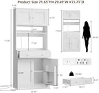 71" Tall Kitchen Pantry Cabinet with Microwave Countertop, LED Lights White | 29.5" W Wood Kitchen Hutch with Drawer, 4 Doors, Charging Station and Adjustable Shelf for Dining Room and Living Room