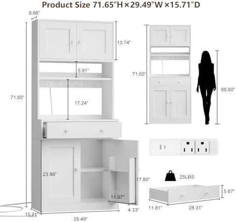 71" Tall Kitchen Pantry Cabinet with Microwave Countertop, LED Lights White | 29.5" W Wood Kitchen Hutch with Drawer, 4 Doors, Charging Station and Adjustable Shelf for Dining Room and Living Room