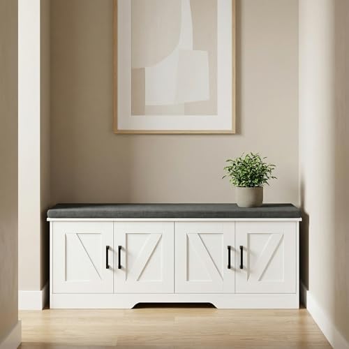 HOMSHO Farmhouse Shoe Storage Bench with 4 Barn Doors & Padded Seat Cushion | 47.2" Wide Entryway Bench with Adjustable Shelves & Hidden Storage, White