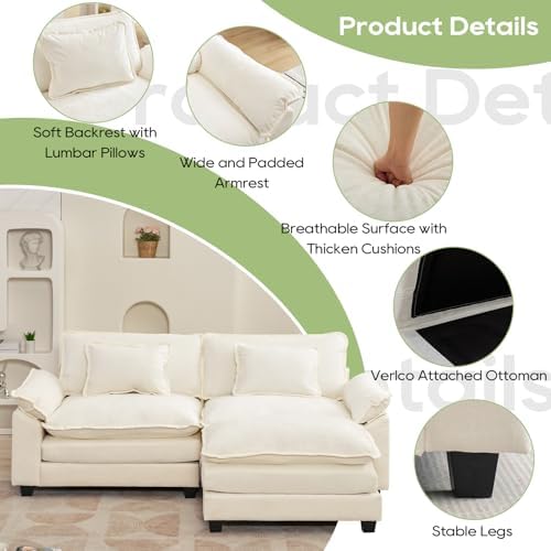 Oprisen 86" Modular Sectional Sofa, Comfy Deep Cloud Couch with Ottoman | L-Shaped Couches for Living Room, Modular Couch, Deep and Wide Seat, Chenille Sofa Sleeper with Throw Pillows, Beige White