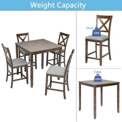 5 Piece Dining Table Set for 4, Solid Wood Square Dining Table Set, Counter Height Kitchen Table Set with Square Table and 4 Upholstered Chairs, X-shaped Backrest for Small Space, Walnut