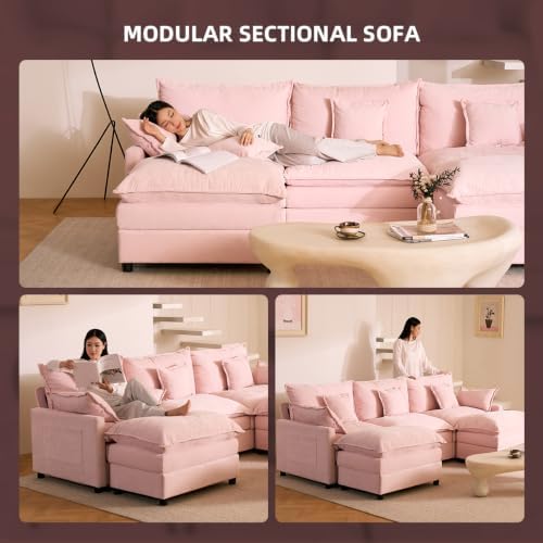 GOSUHI 108" U-Shaped Modular Cloud Couch, Deep Seat, Chenille Pink | Cloud Comfort, Couches for Living Room, Removable & Machine-Washable Covers, Movable Ottoman, Modular Sectional Sofa