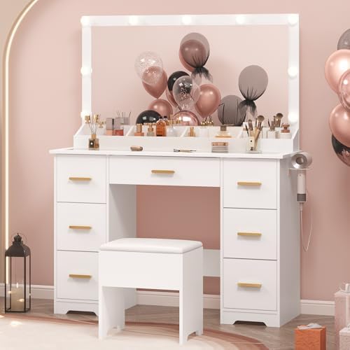 44" Vanity Desk with Chair and Glass Top, Vanity Table with 7 Drawers