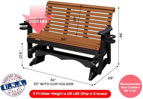 5 FT Cedar Amish-Made Porch Glider – 1000 lb Heavy-Duty Poly Lumber wood Roll Back Glider – USA Crafted HDPE Outdoor Seating Furniture - Stainless Steel Hardware – Smooth, Quiet Glide - CupHolders