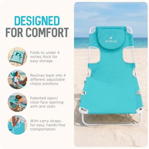 Ostrich The Original Chaise Lounge 72"x22" Portable Reclining Lounger, Aqua | Outdoor Relaxing Pool Tanning Chair, Lightweight Beach Recliner with Adjustable Backrest and Carry Strap, 250 lb Capacity